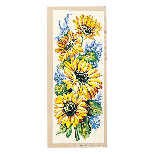 Tournesols et fleurs bleues