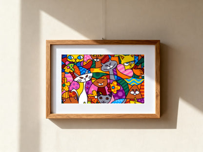 Cuadro de medio punto enmarcado - Gatos de colores - Merceria Marieta
