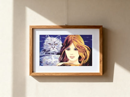 Cuadro de medio punto enmarcado - Chica y gatito (70 x 60 cm) - Merceria Marieta