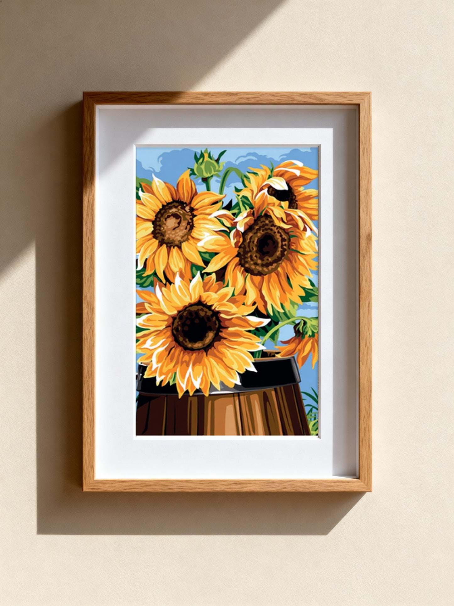Cuadro de medio punto enmarcado - Tonel con girasoles. - Merceria Marieta