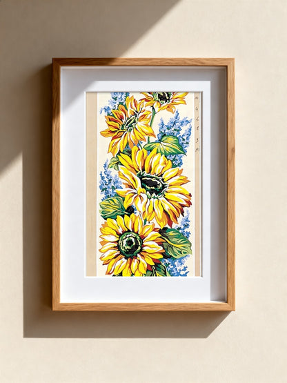 Cuadro de medio punto enmarcado - Tournesols et fleurs bleues - Merceria Marieta