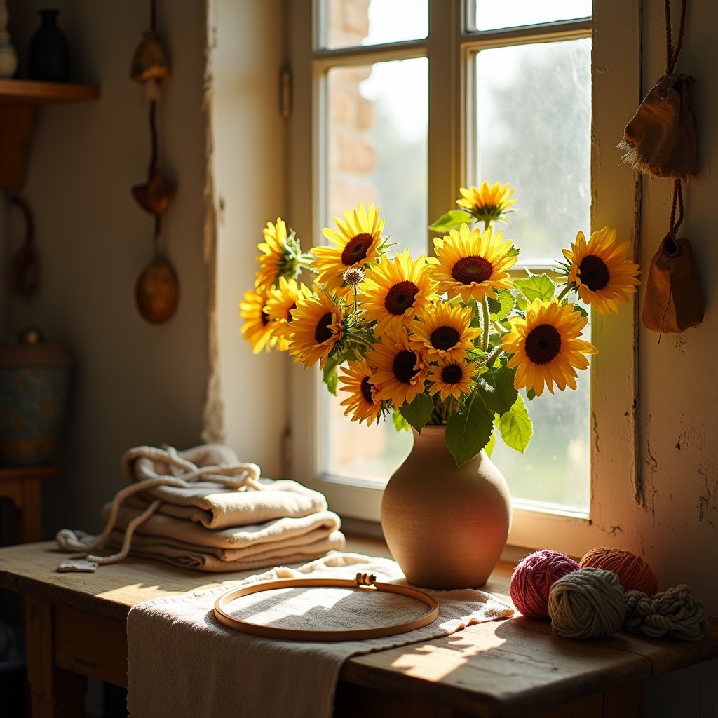 Rincón artesanal con girasoles, lanas y bastidor de bordar